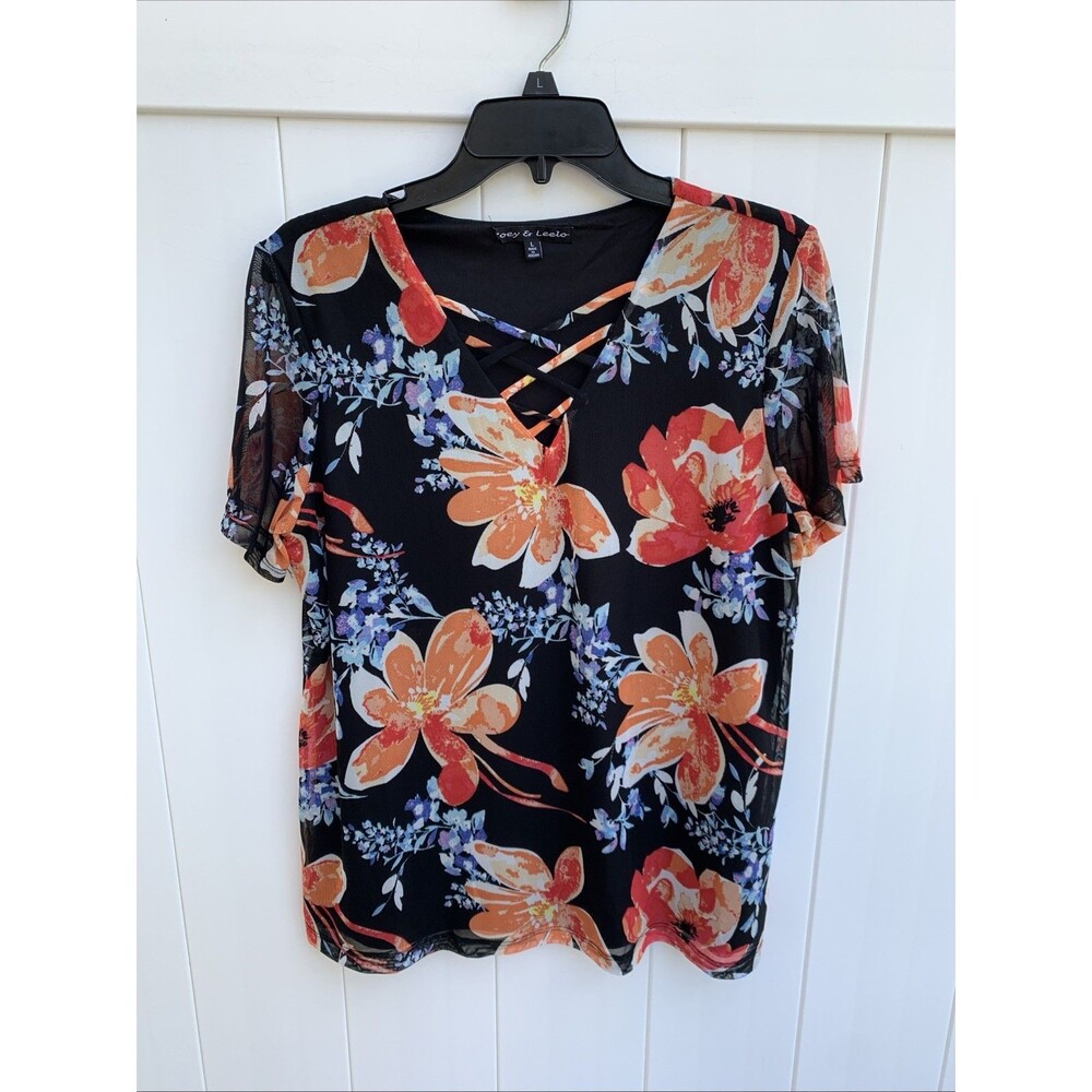 Zoey & Leelo Women's Blouse Black Floral Pullover V Neck Top Large Lined